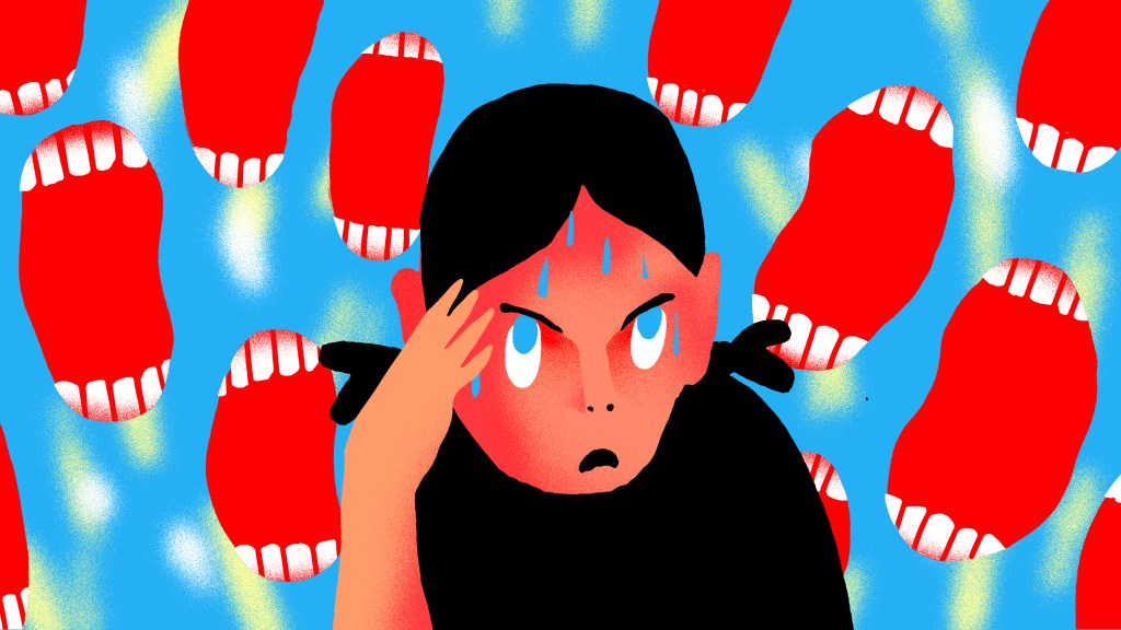 Illustration of person sweating and looking exhausted as yelling mouths float around them