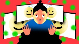 Illustration of stressed-looking figure surrounded by smiling faces on screens and virus shapes