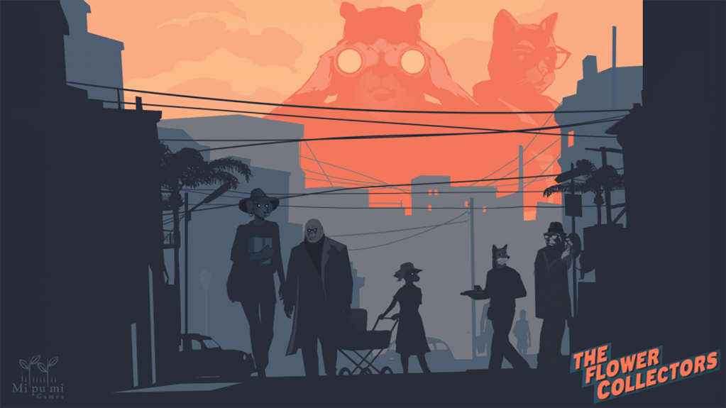 Key art for The Flower Collectors, anthropomorphized animals walk in a street, framed by the Barcelona skyline, a dog-person with Binoculars watches over the scene from the sky