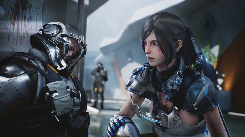 Screenshot from Bright Memory, the protagonist, Agent Sheila, looks over the body of a heavily armored guard.