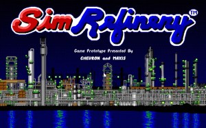 The splash screen for SimRefinery, which shows a bright refinery in crude pixel art, with blue water reflecting the floodlight in the foreground.