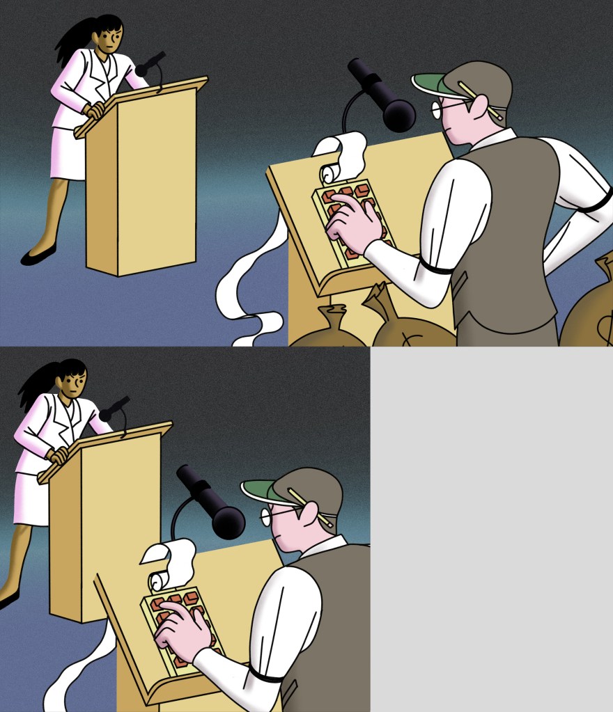 illustration of two people at podiums, debate-style; one is person looking nervous, and the other is an accountant typing on a calculator