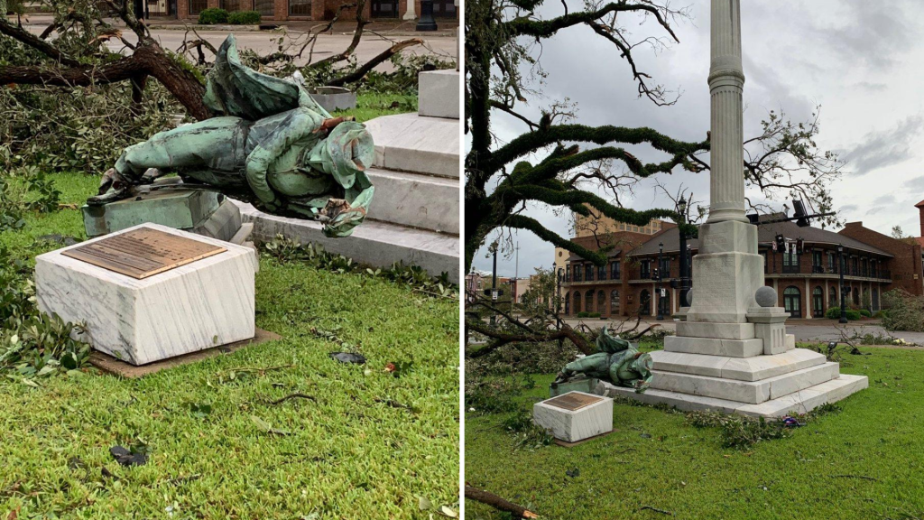 The Confederate South’s Defenders Monument in Lake Charles, Louisiana, damaged after Hurricane Laura on August 27, 2020. (Used from Twitter with permission.)