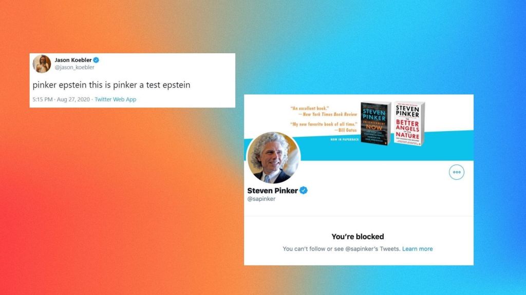 Harvard professor and author Steven Pinker, who previously railed against “cancel culture,” is blocking anyone on Twitter who mentions his connections to Jeffrey Epstein, the financier who was charged with organizing a child sex trafficking ring before be