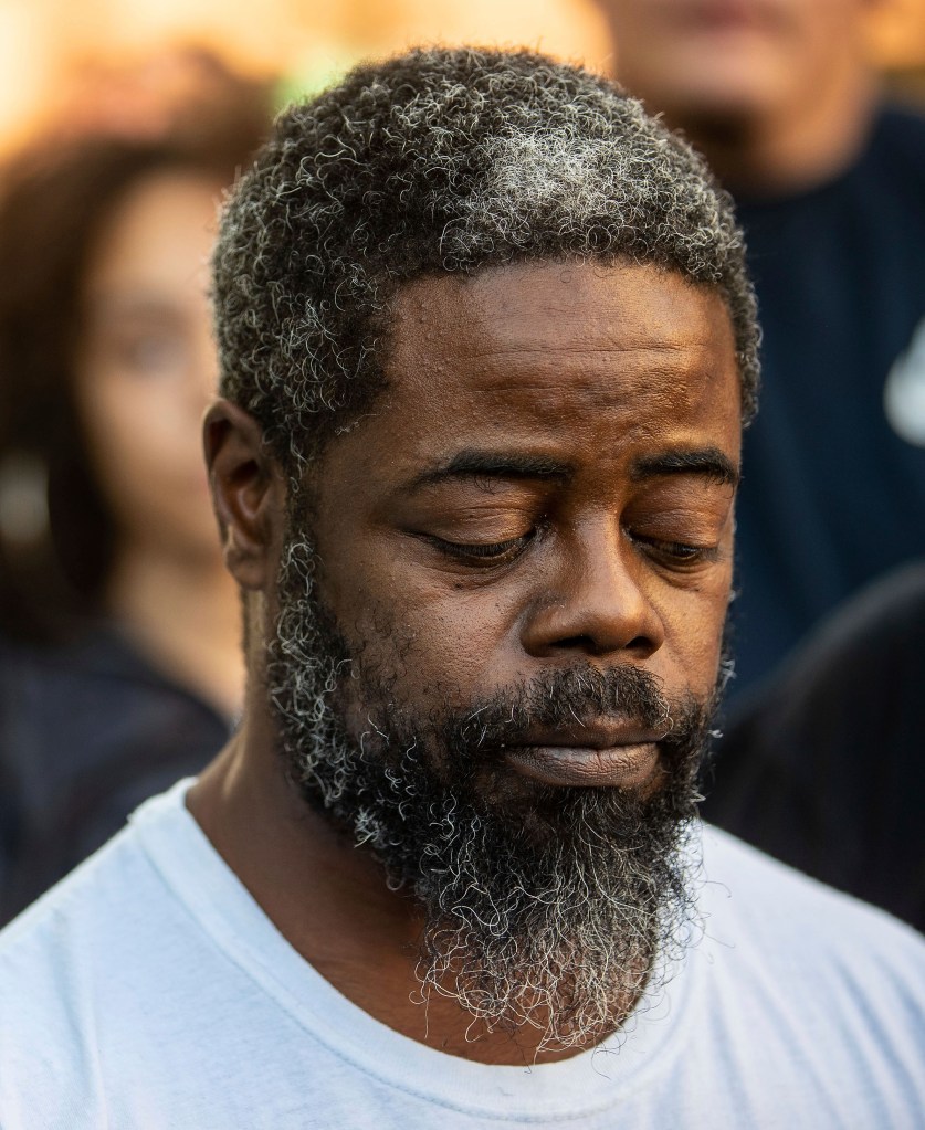 James Scurlock II reacts to questions about the charges filed against Jake Gardner in the killing of Scurlock II's son, also named James Scurlock on Tuesday, Sept. 15, 2020, in Omaha, Neb. (Chris Machian/Omaha World-Herald via AP)