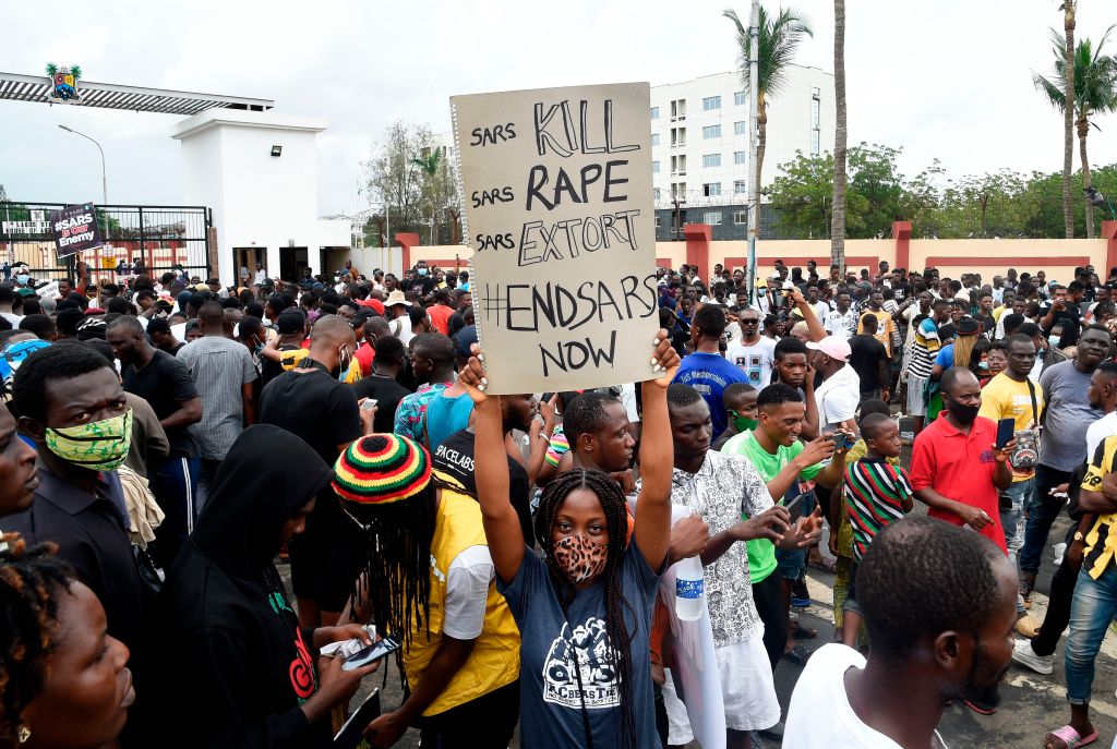 Thousands take part in a demonstration in Lagos calling for the scrapping of the controversial police unit SARS.