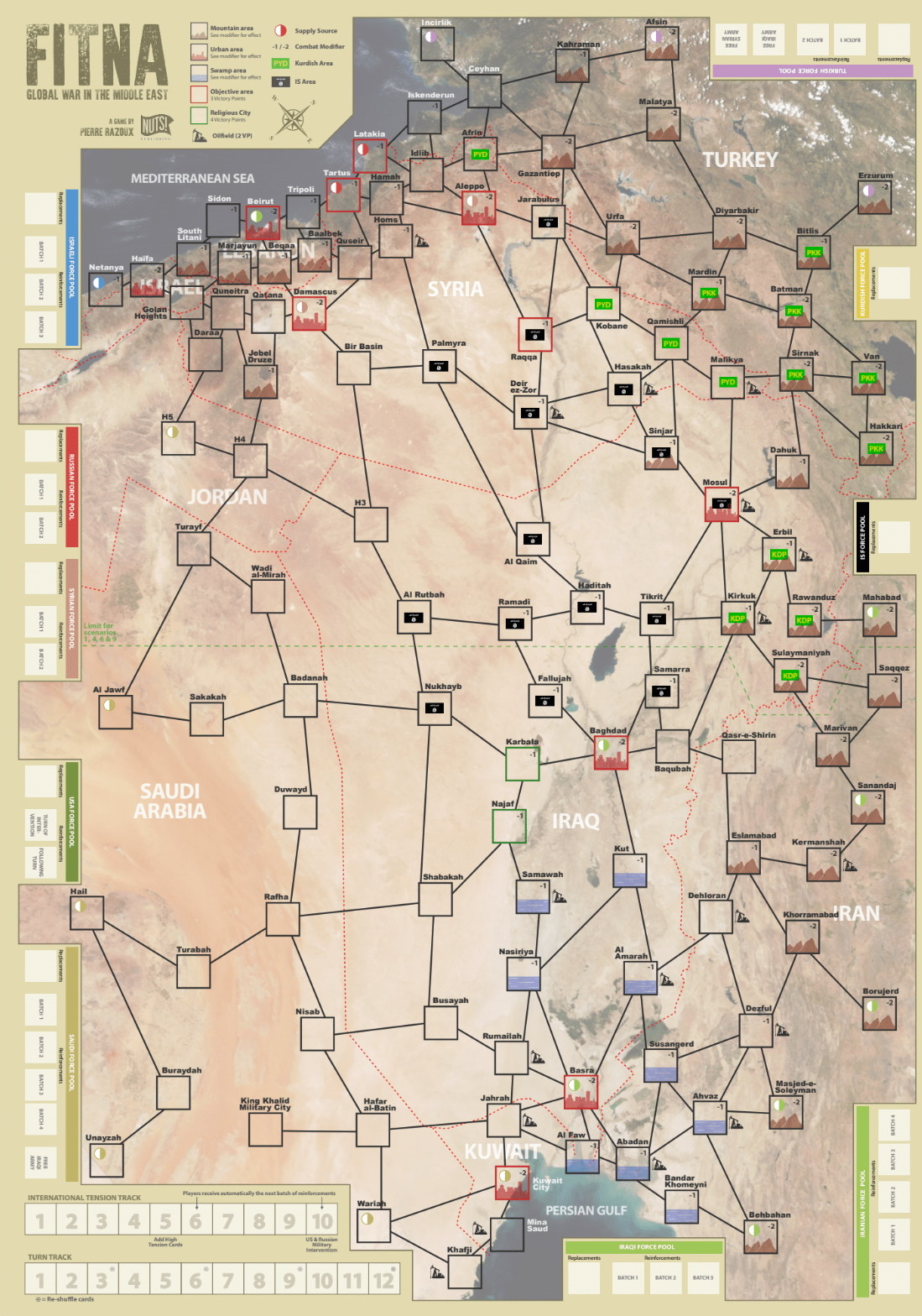 The board of the FITNA game representing a satellite map of the Middle East with a series of cases connected by lines.