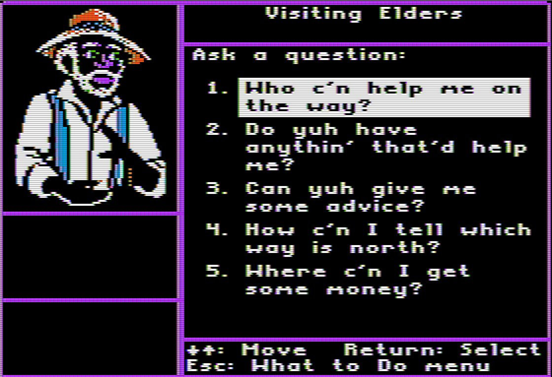 A dialogue window in 'Freedom!' which depicts the player-character asking an elder for advice.