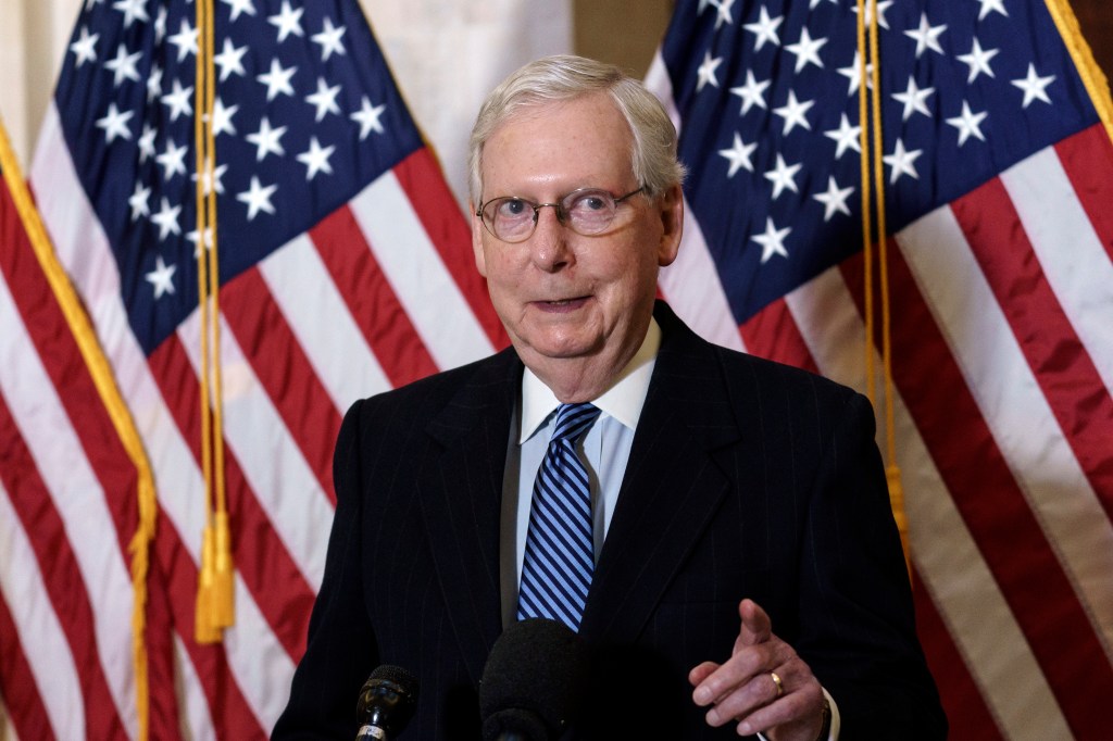 Senate Majority Leader Mitch McConnell, R-Ky., talks briefly to reporters after the Republican Conference held leadership elections, on Capitol Hill in Washington, Tuesday, Nov. 10, 2020.