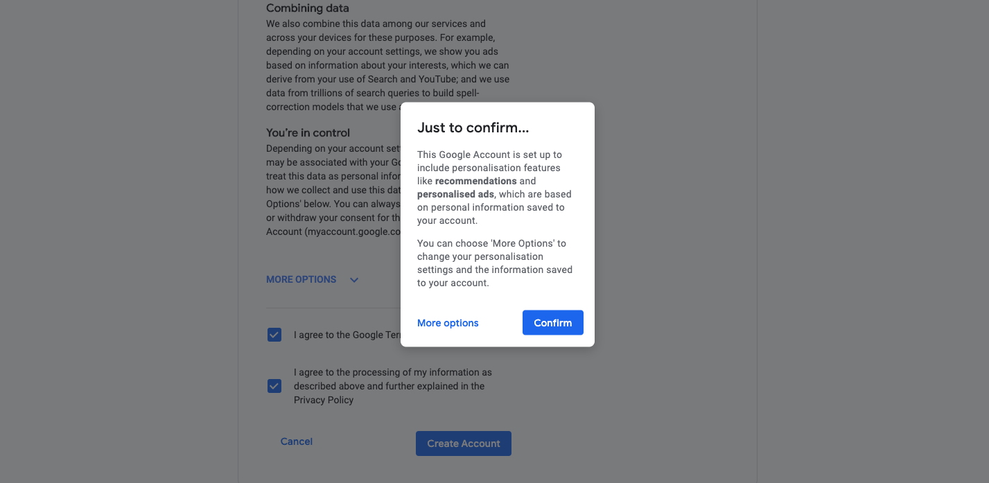 De standaardinstellingen wanneer je een nieuw Google-account aanmaakt. Screenshot: Google.