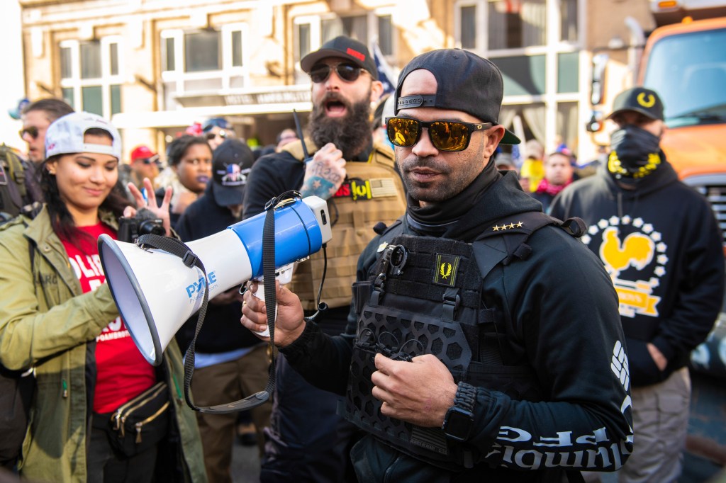 Enrique Tarrio and the Proud Boys demonstrate near Freedom Plaza during the Million Maga March protest regarding election results on November 14, 2020 in Washington D.C.