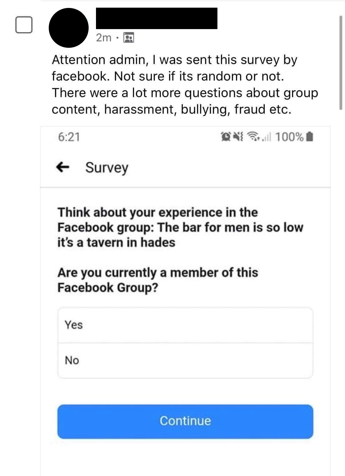 Facebook survey sent to group member