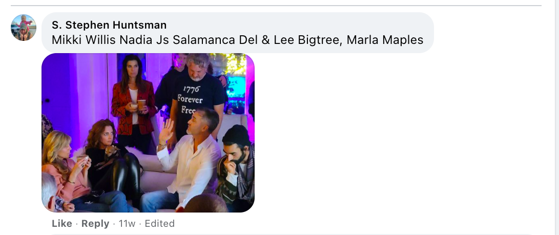A screenshot shows a Facebook post from S. Stephen Huntsman of a group of people sitting together; they are tagged Mikki Willis, Nadia JS Salamanca, Del and Lee Bigtree and Marla Maples.