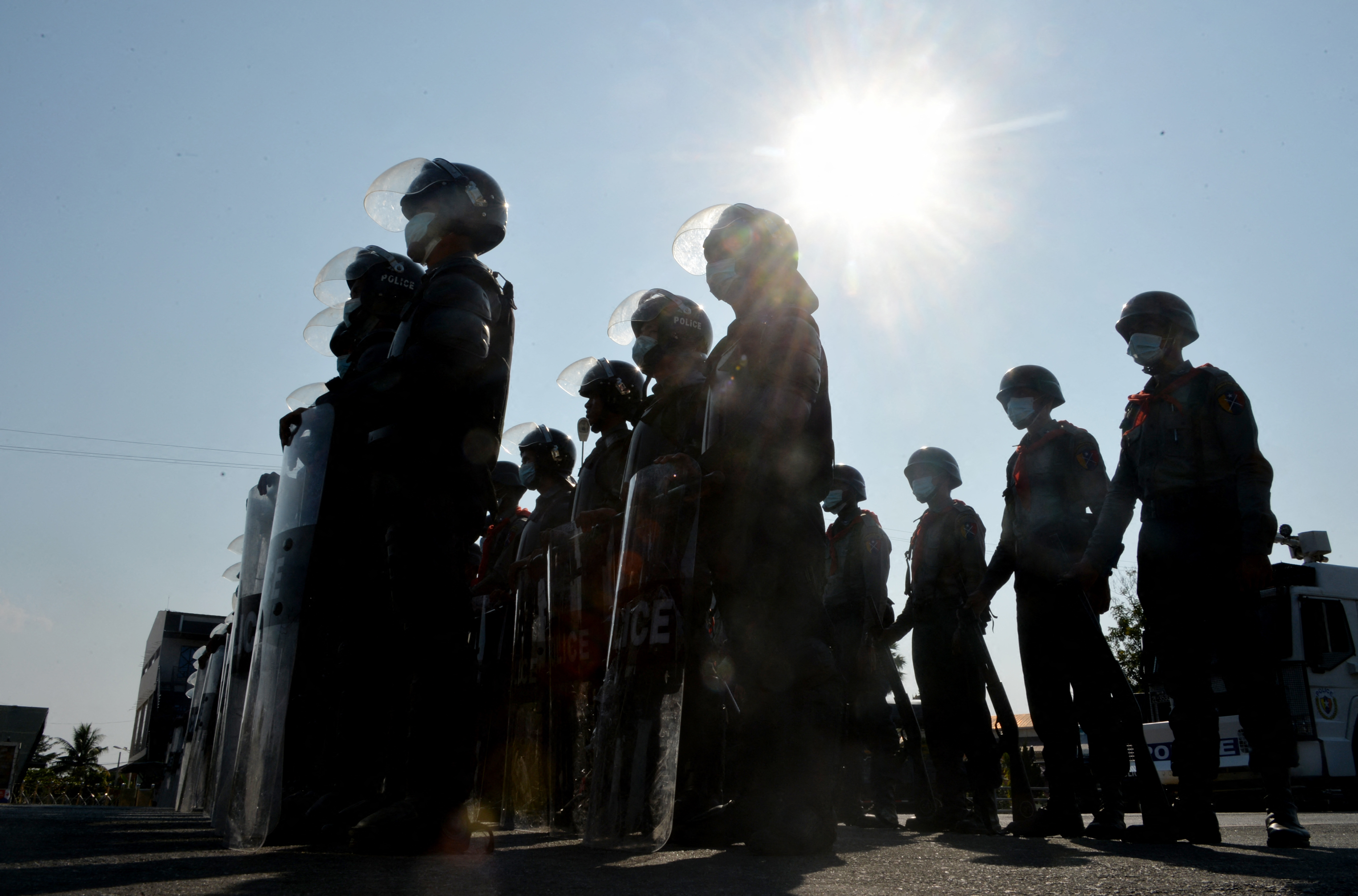 Riot police on guard in the capital of Naypyitaw. PHOTO: AFP
