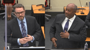 From left to right: Defense attorney Eric Nelson speaks during opening statements, Monday, March 29, 2021, in the trial of former Minneapolis police officer Derek Chauvin, in the May 25, 2020, death of George Floyd at the Hennepin County Courthouse in Min