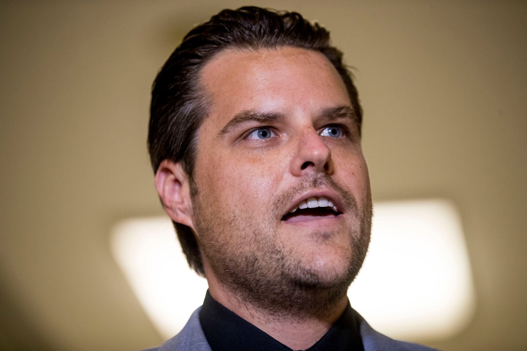 Rep. Matt Gaetz, R-Fla., speaks to members of the media on Capitol Hill, Thursday, July 9, 2020, in Washington.