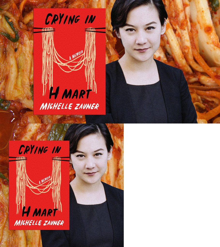 collage featuring author and japanese breakfast singer michelle zauner next to the cover of her memoir 'crying in h mart'