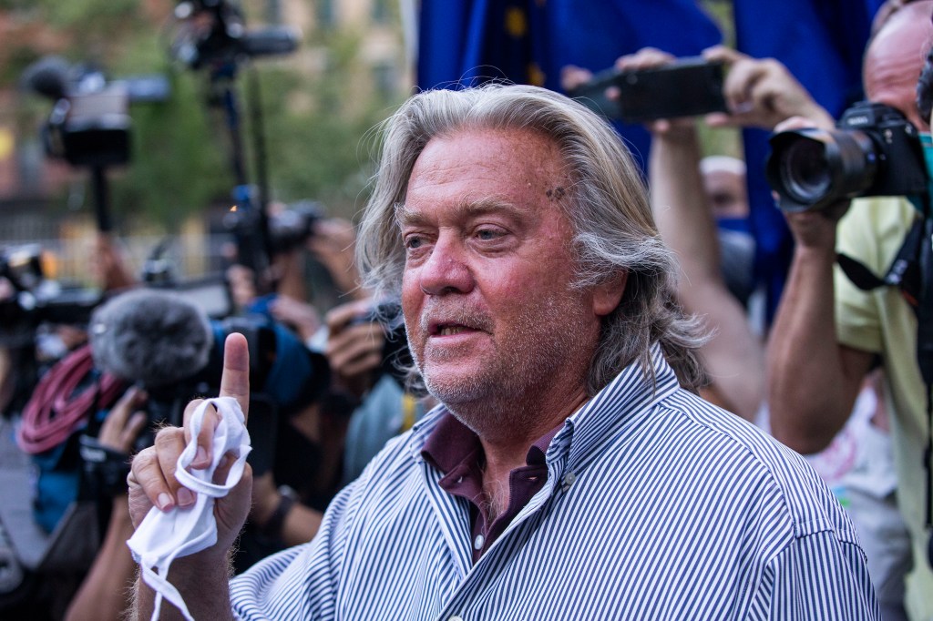President Donald Trump's former chief strategist Steve Bannon speaks with reporters after pleading not guilty to charges that he ripped off donors to an online fundraising scheme to build a southern border wall, Thursday, Aug. 20, 2020, in New York. (AP P