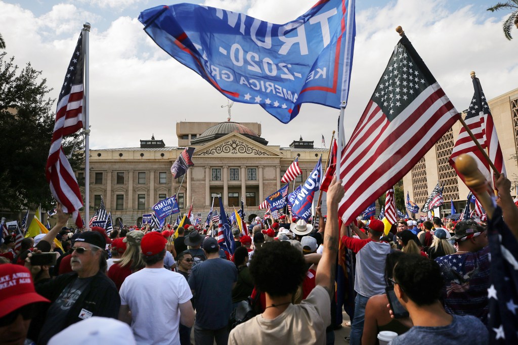 Supporters of President Donald Trump demonstrate at a ‘Stop the Steal’ rally in front of the State Capitol on November 7, 2020 in Phoenix, Arizona.