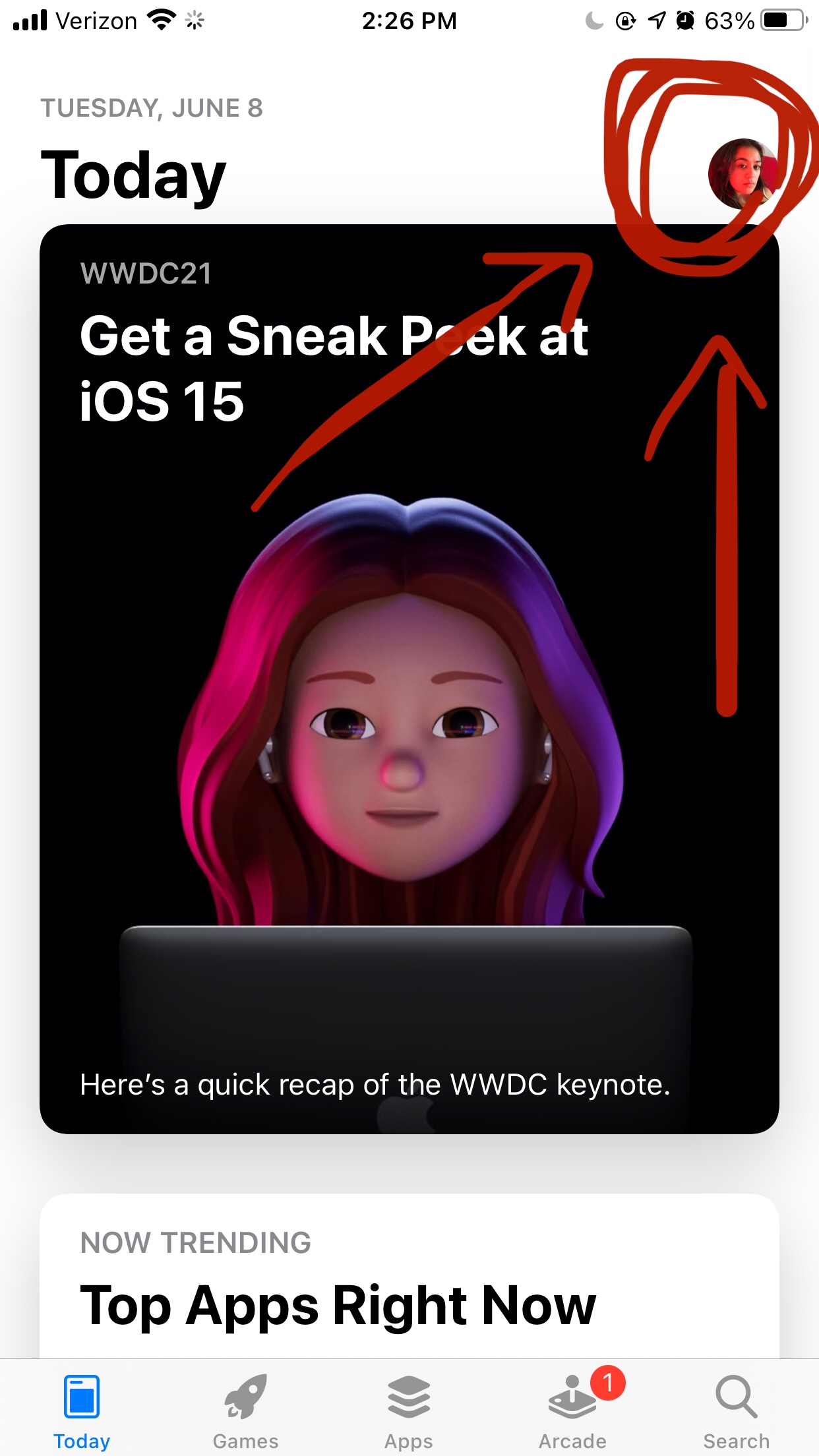 Screenshot of the App Store, pointing towards one's Apple ID profile