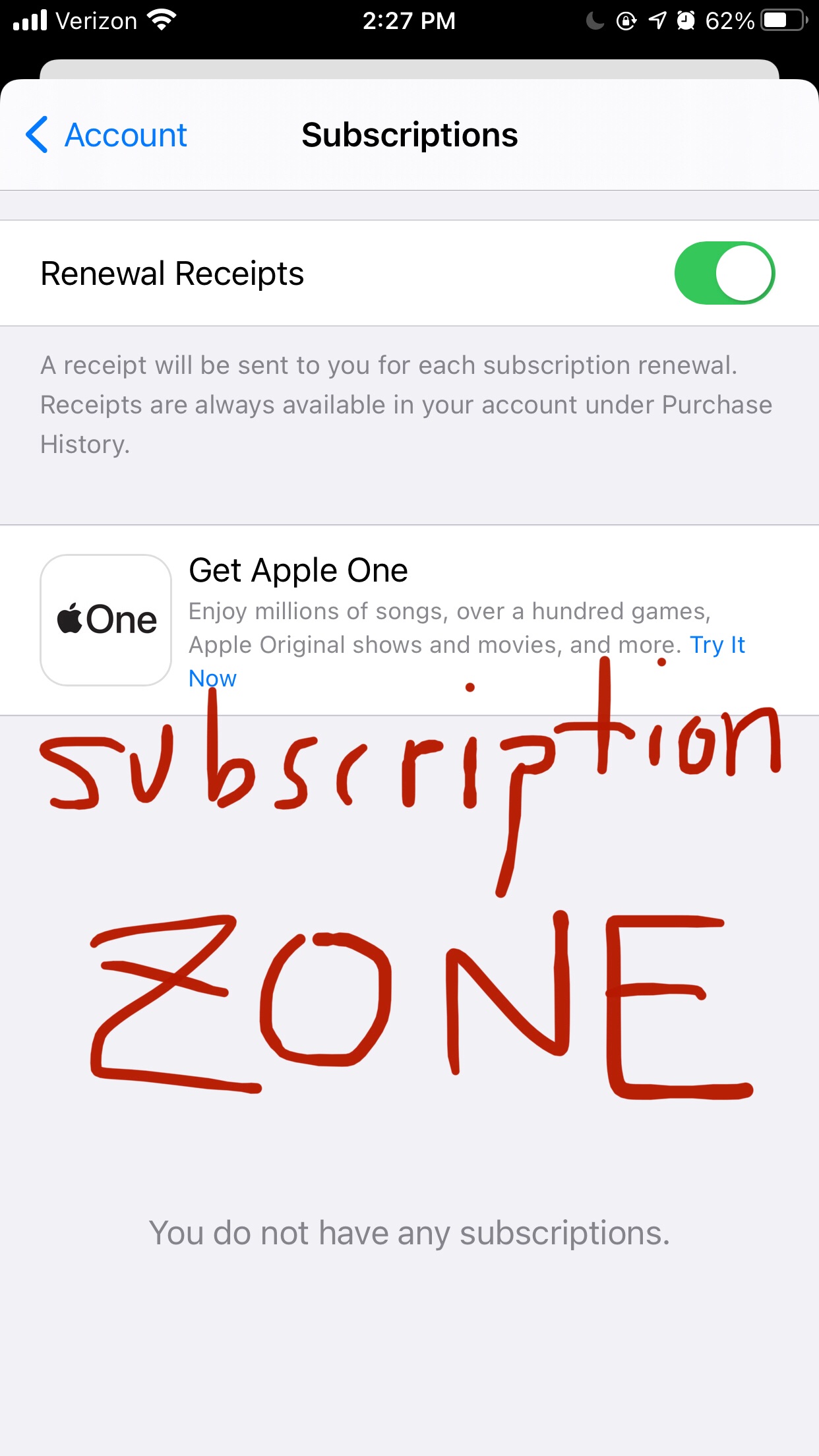 Screenshot of the subscriptions tab of one's Apple ID account.
