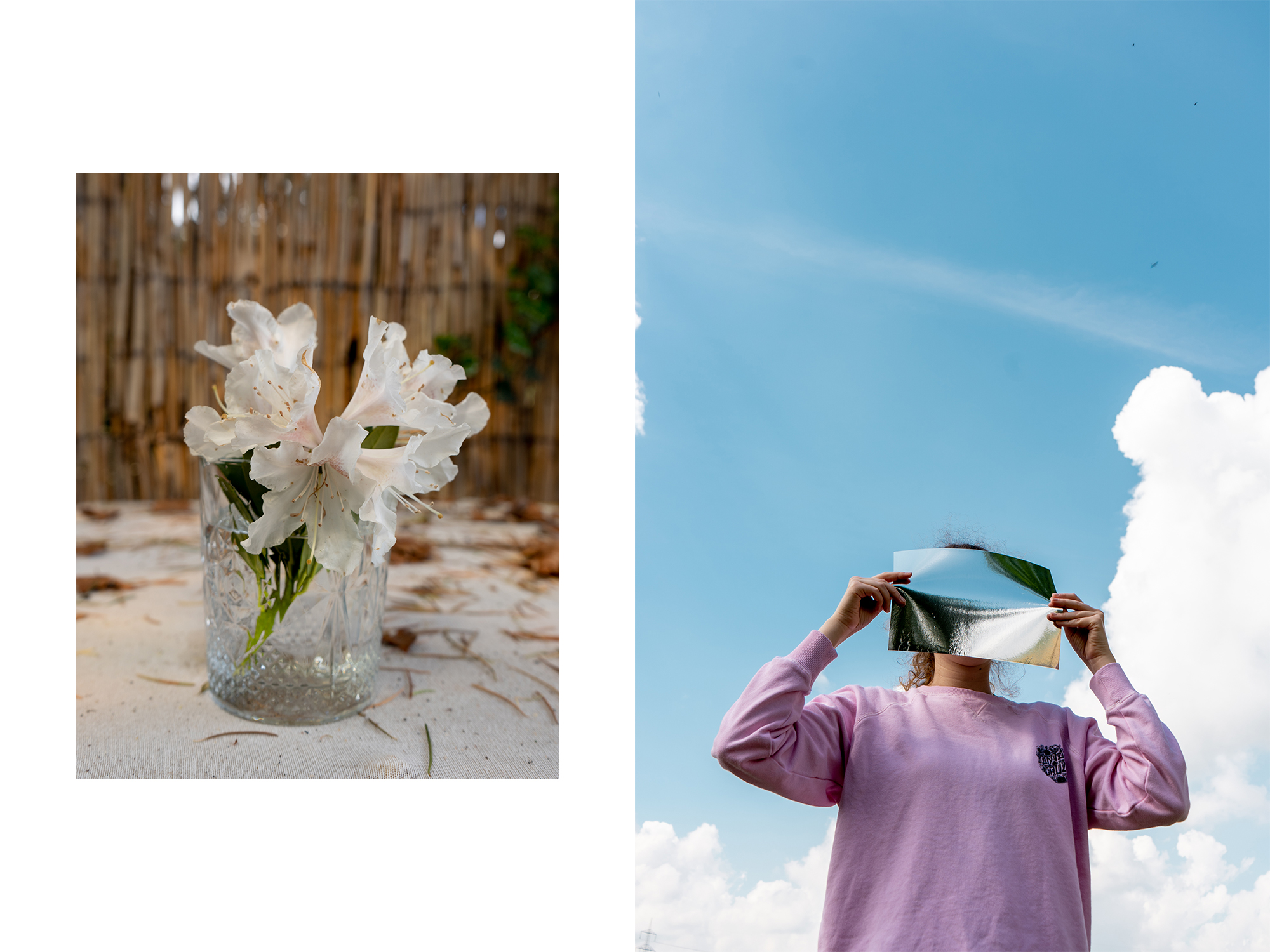 Auf der linken Seite steht ein Glas mit Blumen und auf der rechten Seite steht die Protagonistin in einem lila Pulli und hält sich ein Stück Folie vor ihr Gesicht, damit man sie nicht erkennt.