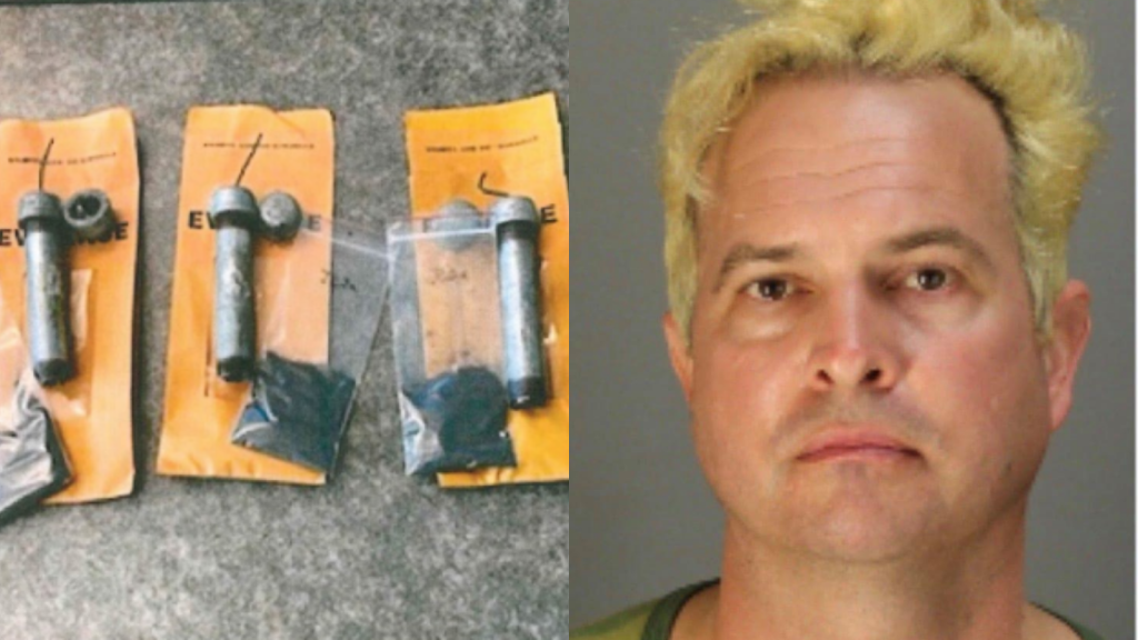 Pipe bombs discovered at Ian Rogers' residence in January; Ian Rogers (Credit: Justice Department)