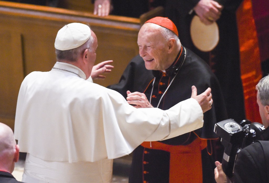 Cardinal Archbishop emeritus Theodore McCarrick (C) greets Pope Francis (L) during Midday Prayer at the Cathedral of St. Matthew the Apostle on September 23, 2015 in Washington, DC.
