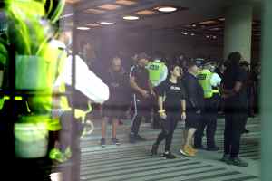 Protesters in the lobby of ITN on Grays Inn Road, London, after a group of protesters "unlawfully gained access" to the building. Photo: Kirsty O'Connor/PA Images via Getty Images