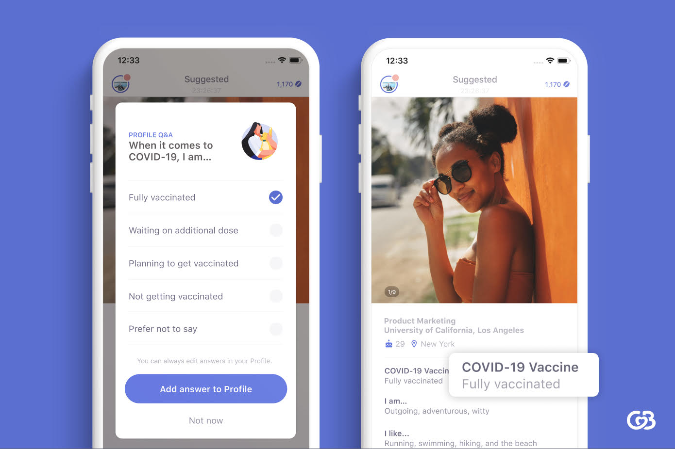 the dating app Coffee Meets Bagel, CMB, now allows users to indicate vax status on their profile.