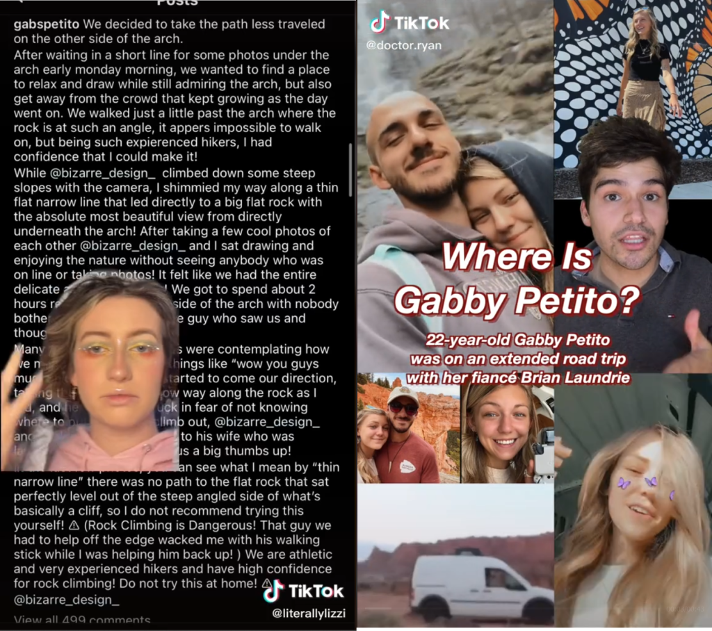 Collage of Gabby Petito's photos from Instagram posted on TikTok. Text says "Where Is Gabby Petito? 22-year-old Gabby Petito was on an extended road trip with her fiance Brian Laundrie."