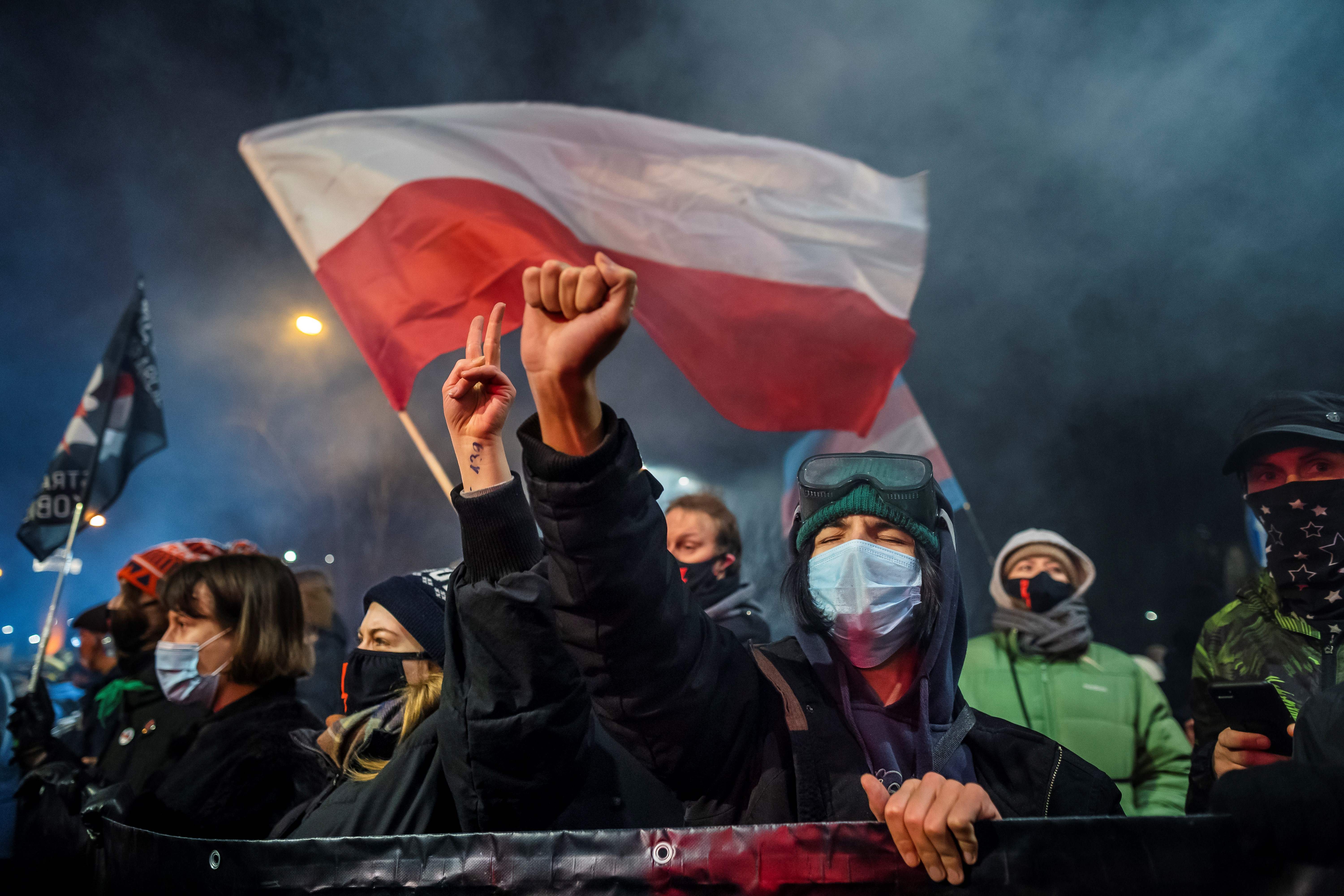 People take part in a pro-choice protest in Warsaw in January, part of a nationwide wave of protests against Poland's abortion laws. Photo: WOJTEK RADWANSKI/AFP via Getty Images