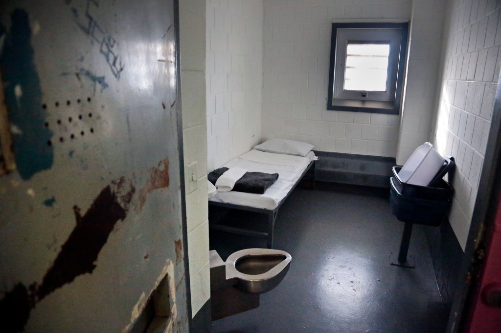 This Jan. 28, 2016 file photo shows a solitary confinement cell called "the bing," at New York's Rikers Island jail.