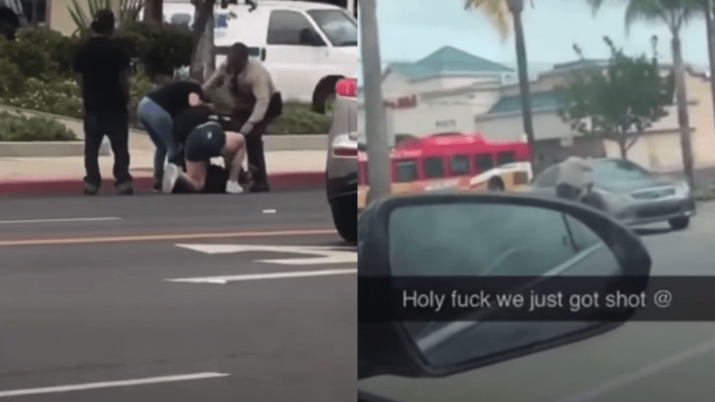 Screenshot of bystander video showing Long Beach, California, school resource officer Eddie Gonzalez shooting Mona Rodriguez on Sept. 27, 2021.