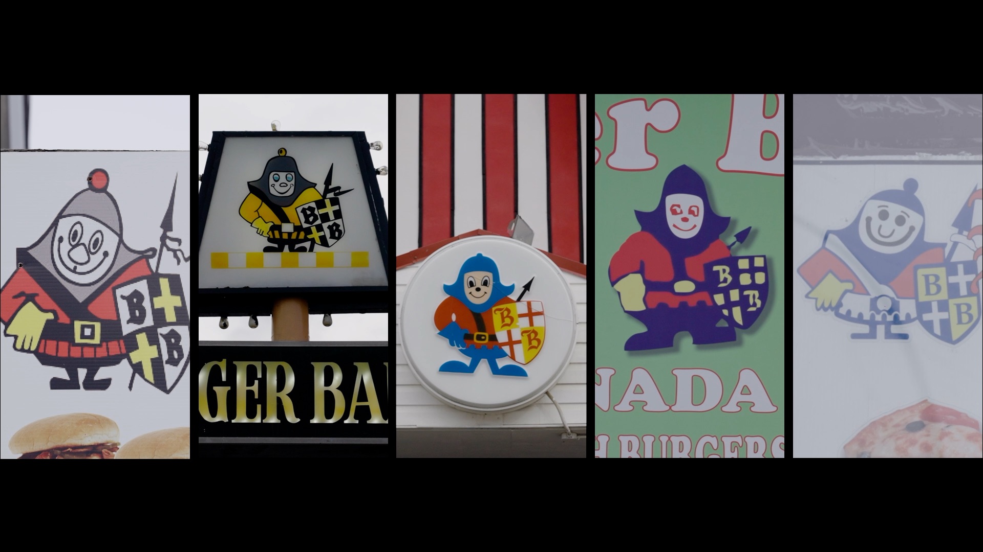 The logo—a colourful fat knight with double-Bs in his shield—often appears on signs as a crudely drawn copy of the original, left.