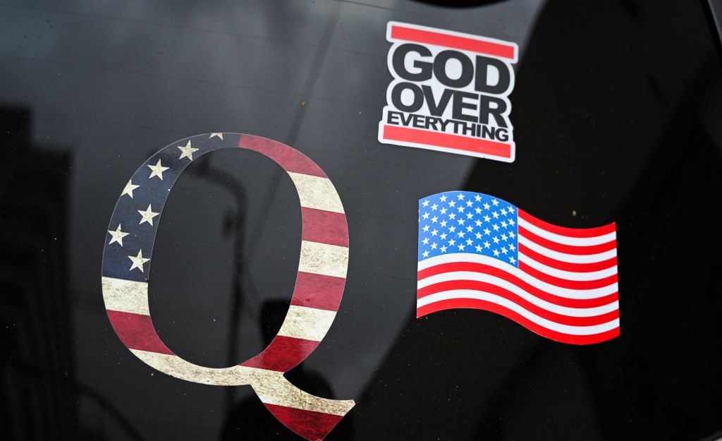 A QAnon sticker is seen on the back of a car on November 6, 2020 in Los Angeles as the entire nation awaits the result of the presidential election.
