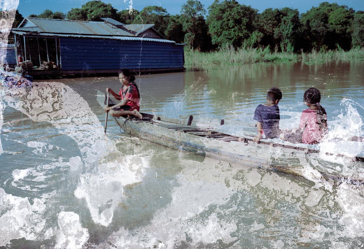 Kimsorn taking her boat to collect some work from her neighbour on Tonlé Sap Lake, Kompong Thom province, Cambodia. Image: Lim Sokchanlina / Save the Children