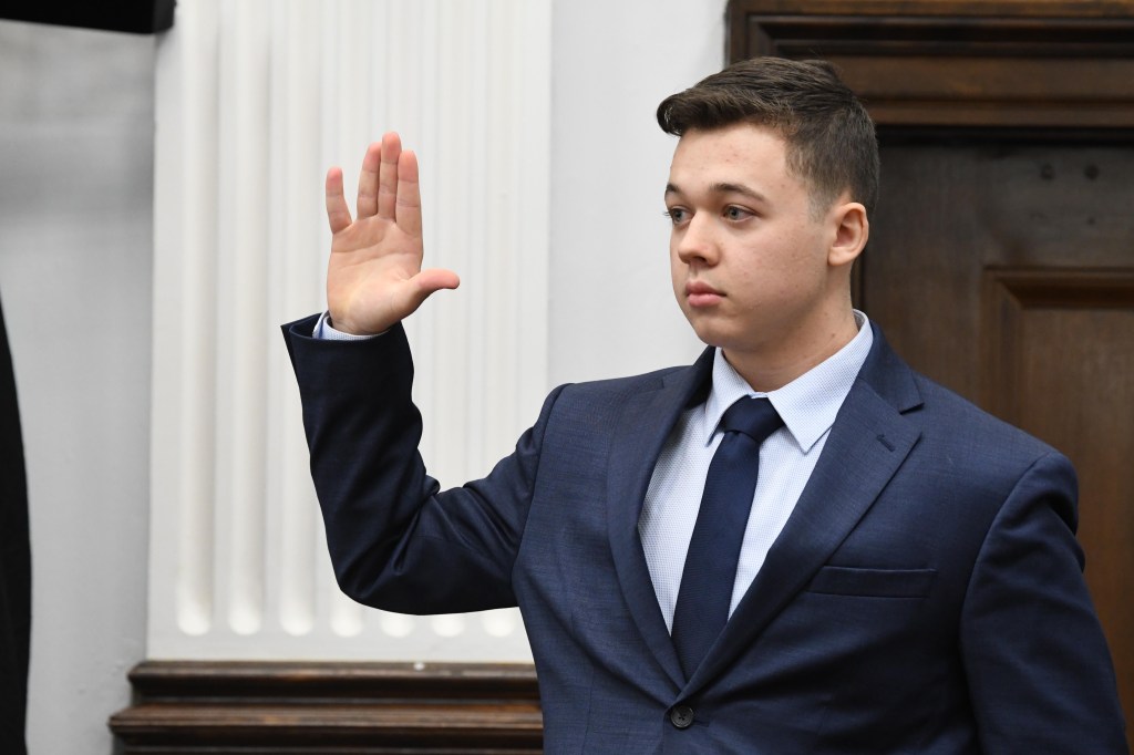 Kyle Rittenhouse is sworn in to testify during his trial at the Kenosha County Courthouse on November 10, 2021 in Kenosha, Wisconsin.