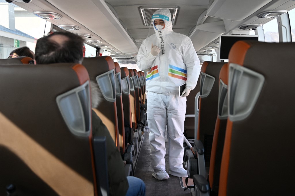 Shuttle bus at the Beijing Winter Olympics, transporting people in the Olympics bubble.