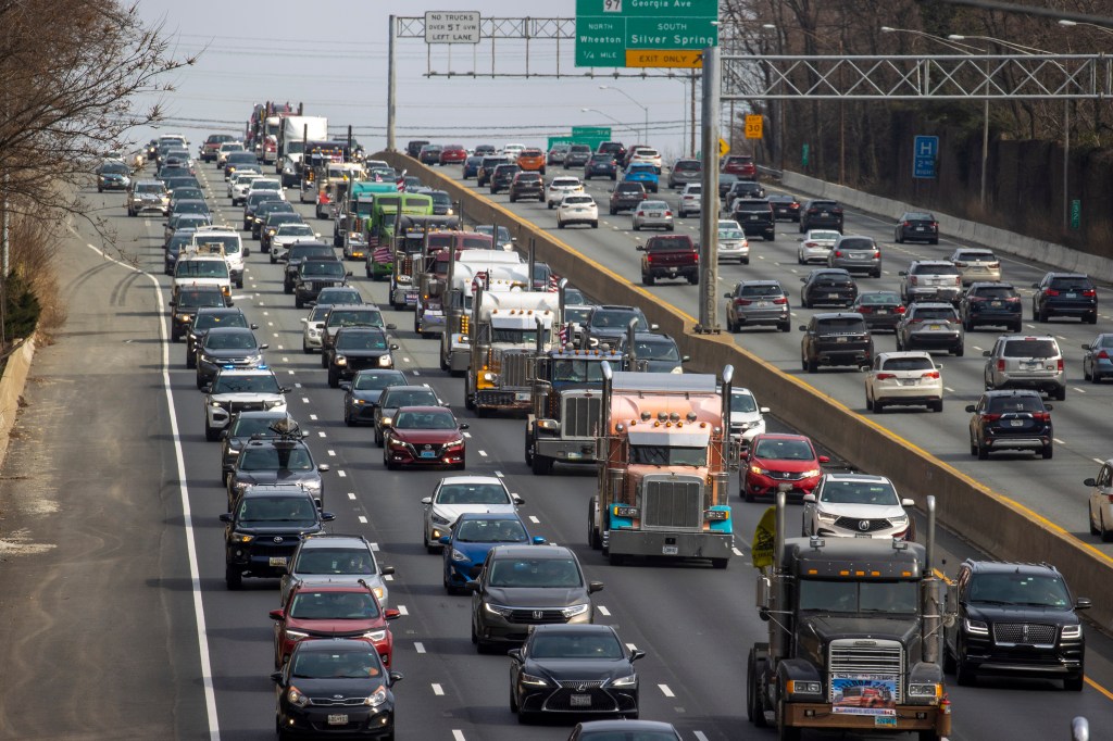The Peoples Convoy of Truckers makes it way on the Capitol Beltway on March 06, 2022 in Silver Spring, Maryland.