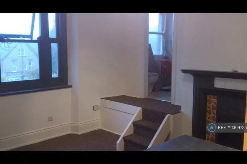 Carpeted stairs leading to the toilet in a one-bed rental in Sheffield