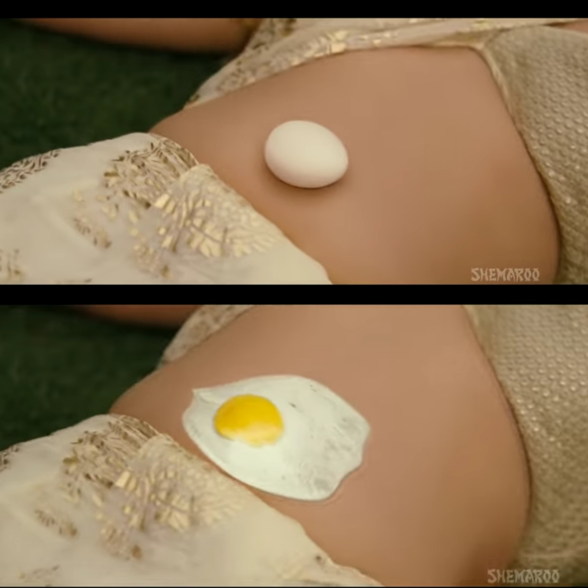 An egg fries on actress Vidya Balan's navel