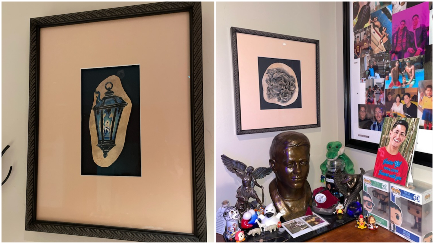 Framed tattoos taken from human skin hang above a memorial shrine to Jonathan Gil's twin brother.