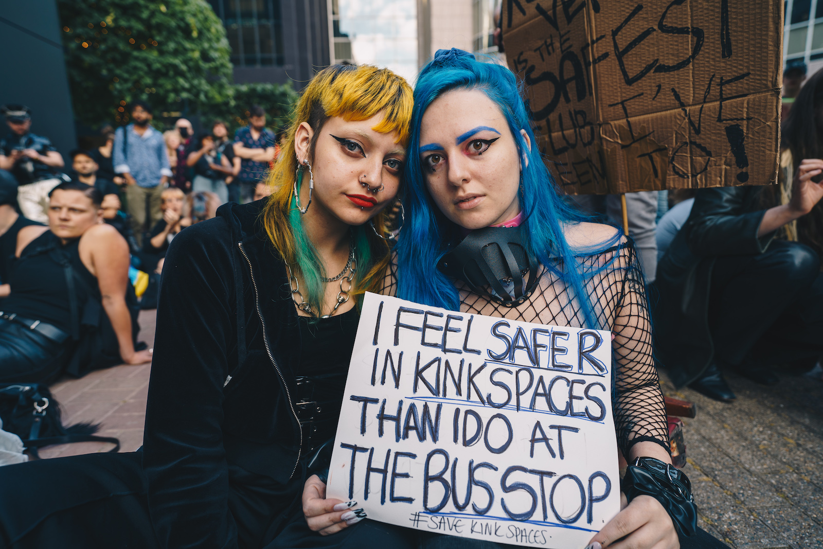 Millie and Collete attending a 'Save kink spaces' protest in east London