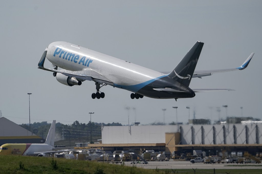 An Amazon prime plane takes off from the company's air hub in Cincinnati.