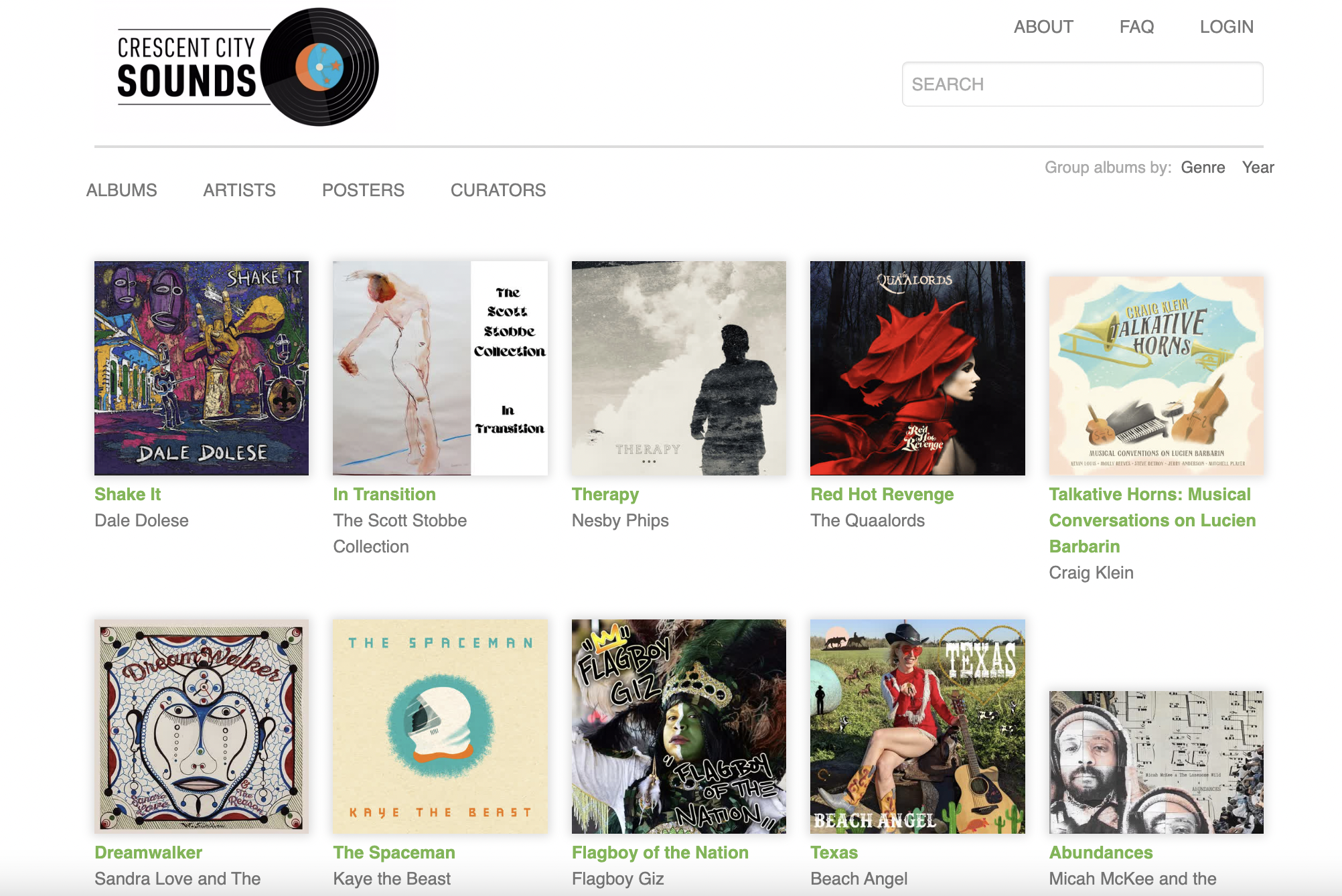 The website of Crescent City Sounds showing a grid of album covers for music available to stream.