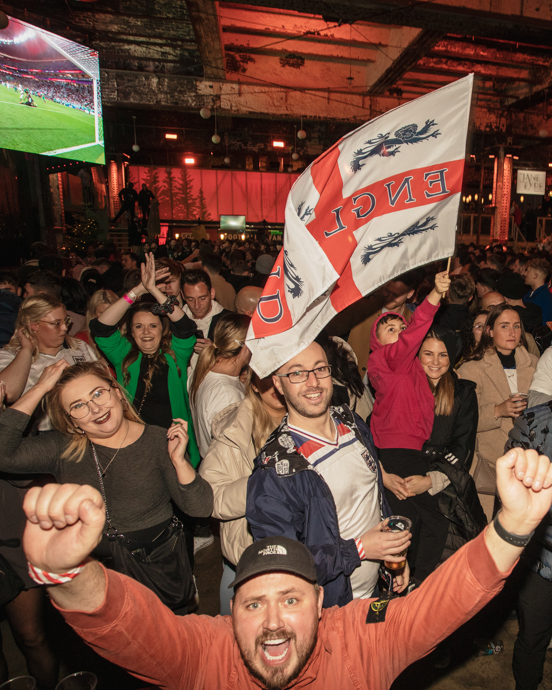 England v Senegal World Cup match: England fans celebrating and waving flags
