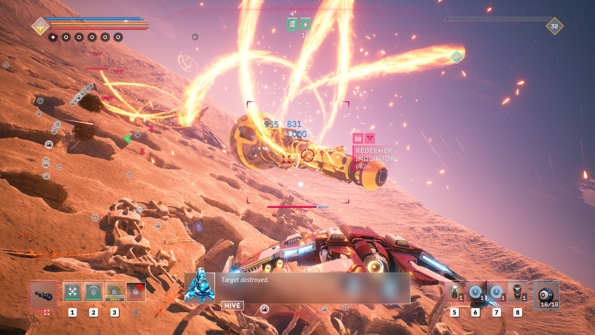 A small ship opens fire on a larger cruiser, called a Redeemer Inquisitor, as the cruiser releases a volley of arcing, curved projectiles at the player.