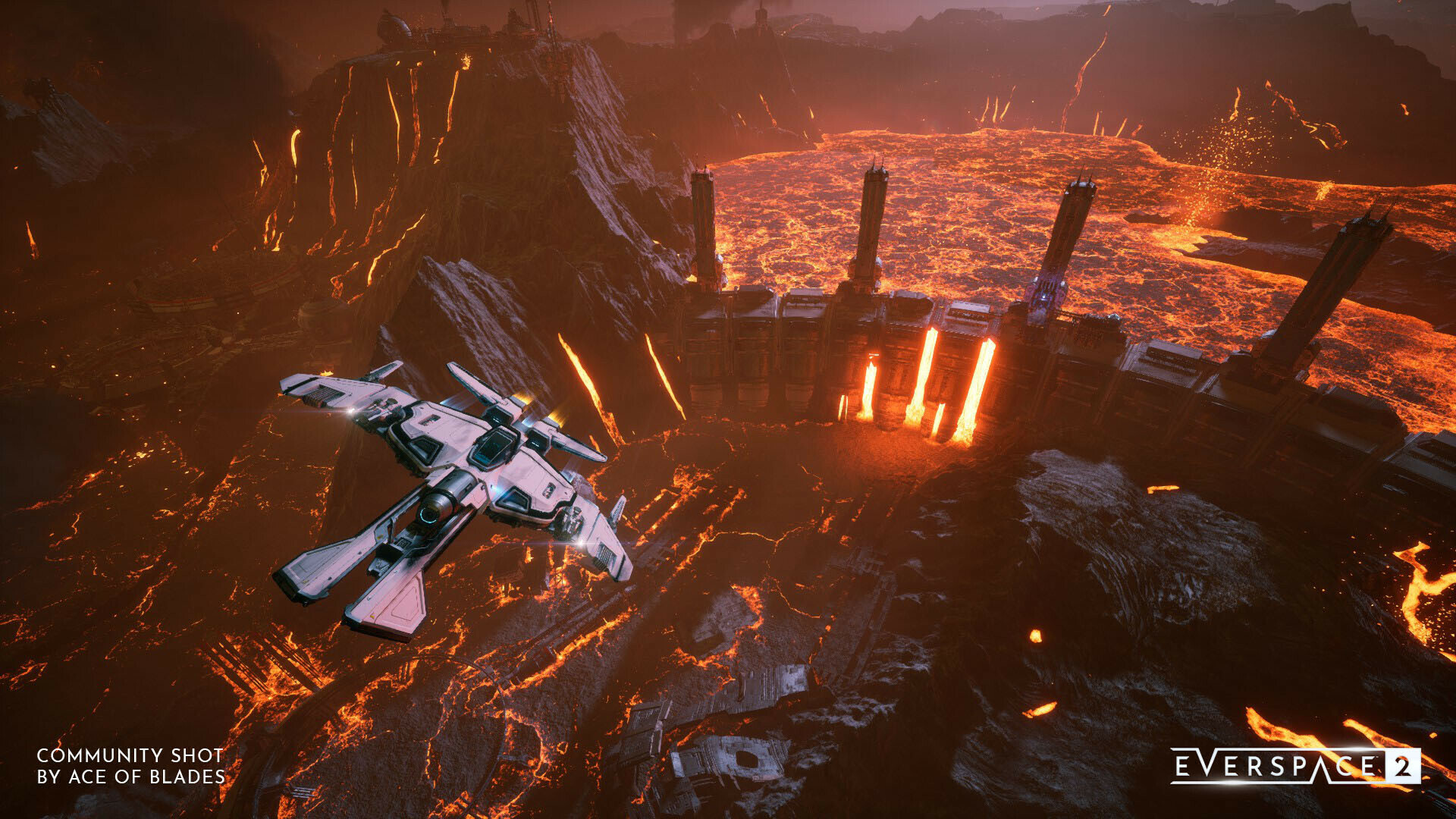 A small ship, with an organic silhouette, flies over a dam holding back a lake of magma.