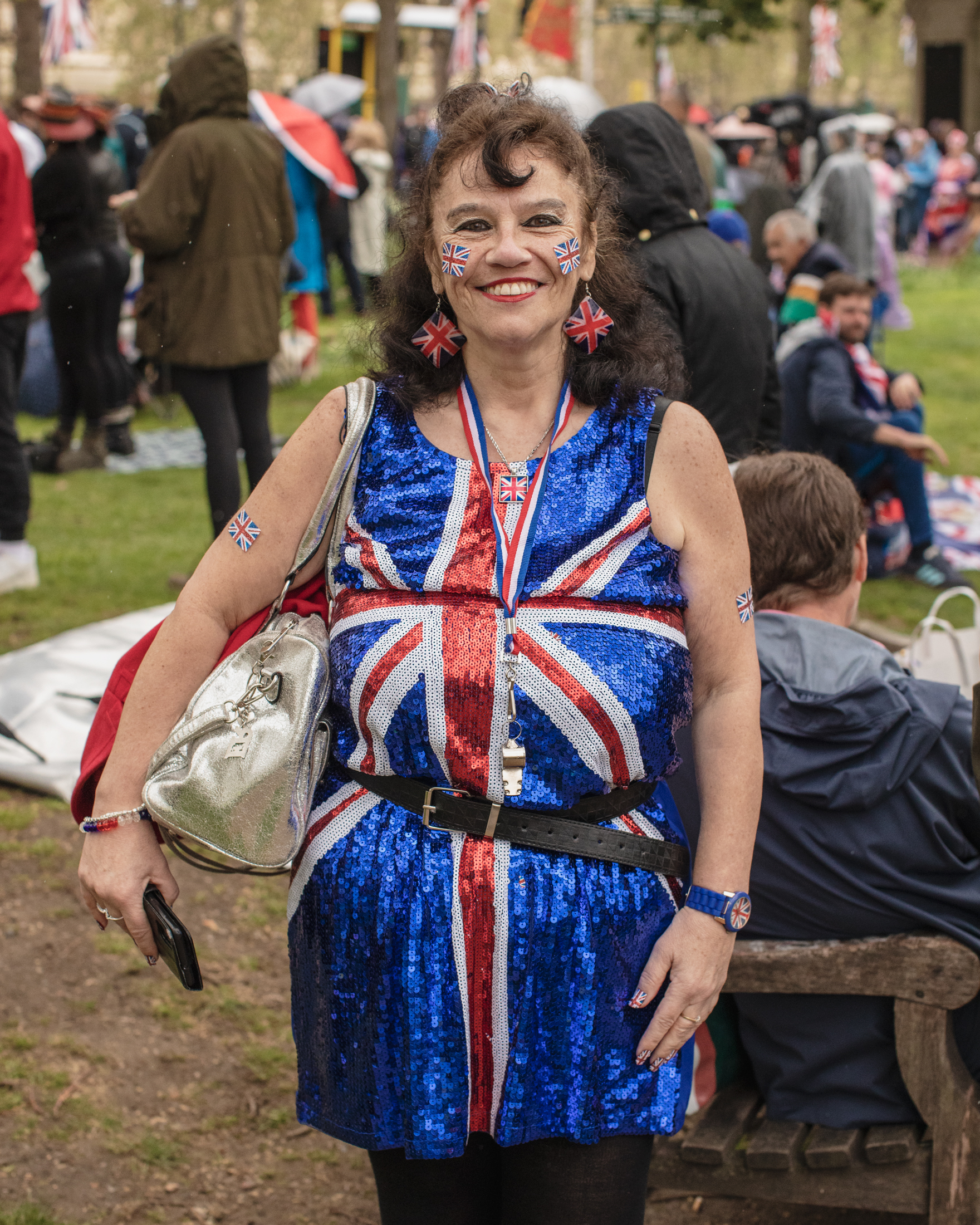 Coronation of King Charles II, London: A woman in Union Jack sequin dress